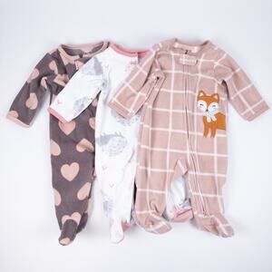 Carter's Pajamas‎ Sleepers Kids 3m Pink Brown Hearts Fox Hedgehog Fleece 3-Pack